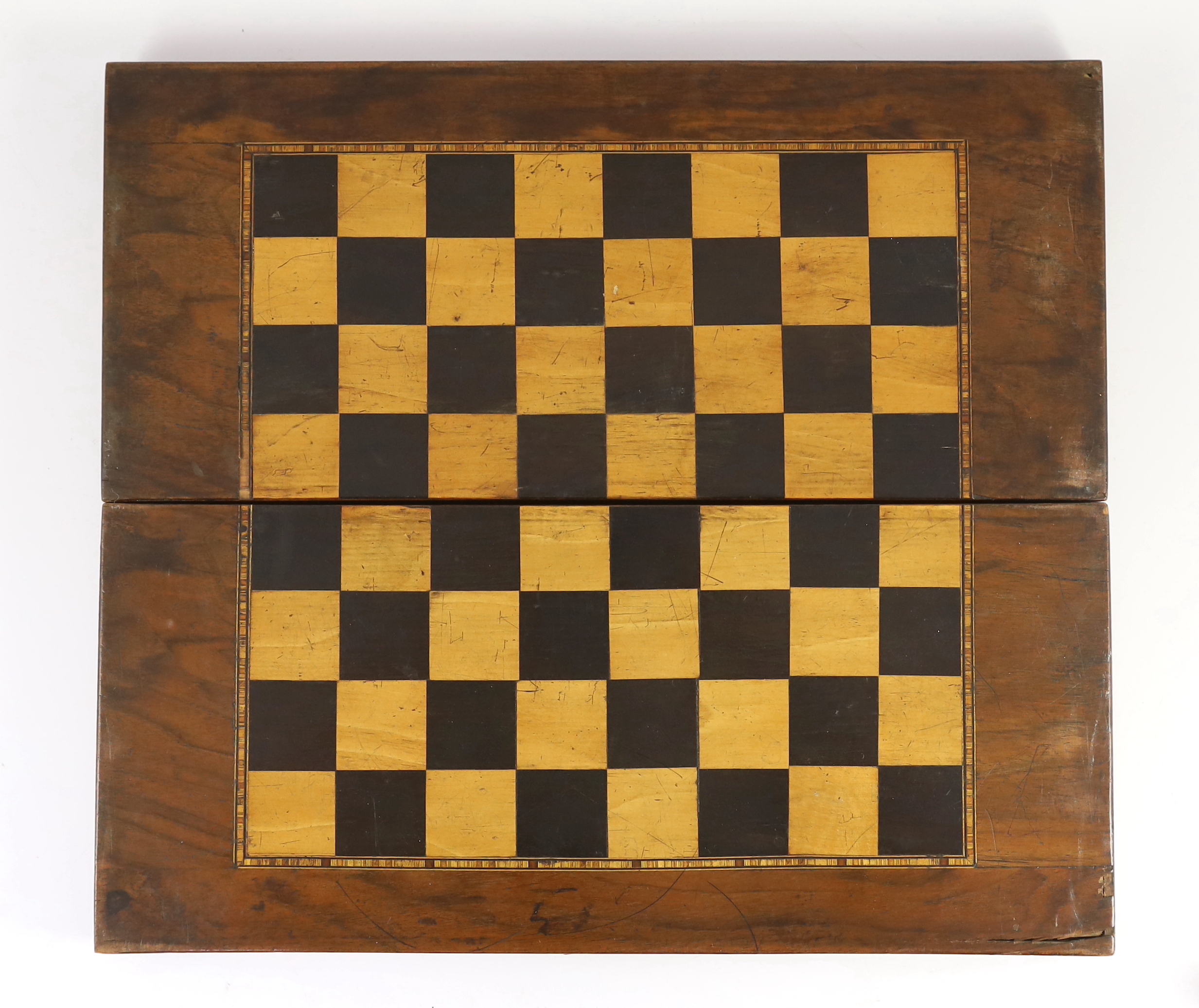 A Jacques ebony and boxwood Staunton pattern chess set, 44 x 39cm when open